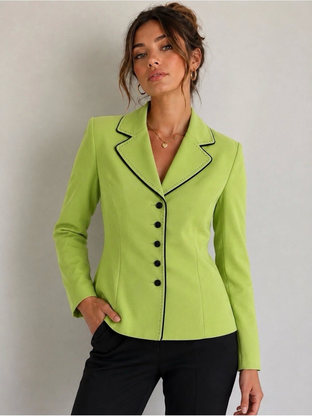 Plaza South Women’s Lime Green Blazer Jacket Size 10 Black Trim Career